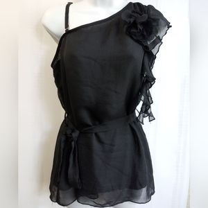 NEW Marysol Black Sheer One Shoulder Top Belted Lined Size S